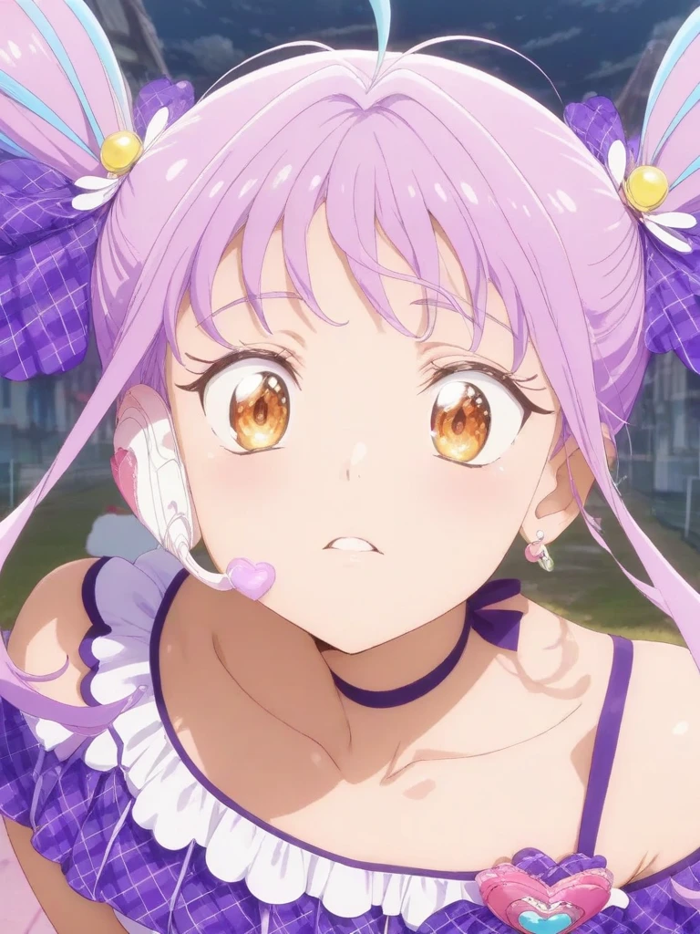 (masterpiece, best quality:1.2), 1girl, solo,cure kyunkyun, kimi to idol precure, ahoge, purple choker, magical girl, purple dress, purple hair, twintails, very long hair, yellow eyes, idol clothes, hair bow, purple bow, heart brooch, earrings, idol, hair ornament, sleeveless, headset,
masterpiece, best quality, newest, absurdres, CG, anime, source anime, illustration,