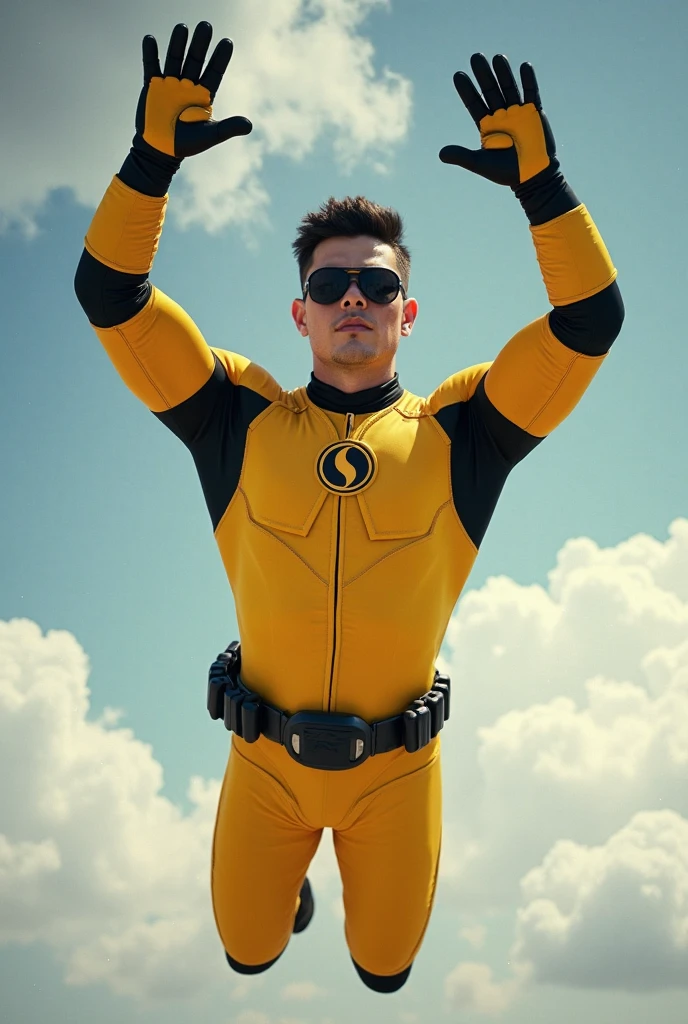 flying, young handsome muscular superhero, bright white glowing skin, bright fiery aura, with spikey blond hair, smiling, wearing yellow full body skin tight suit