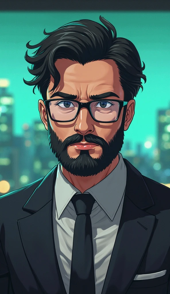 1 man, solo, masterpiece, best quality, highres, upper body shot, ultra detailed, ((wide angle)), middle-aged man, daddy, hunk physique, beefy, burly, hairy, manly, really tall, black hair, wearing a big smooth silk black trench coat, grey shirt, wearing glasses, standing in the middle of a New York's crossroad, standing in the center of the shot, cigarette in mouth, smoking a cigarette, smoke coming out from the cigarette, (looking up to the sky), left hand in the pocket, (sunset), afternoon, golden hour, golden sky color, dark buildings in the background, incredible composition, HDR, volumetric lighting, shadows, beam of sunlight shinning on the streets, seen from the side, aesthetic