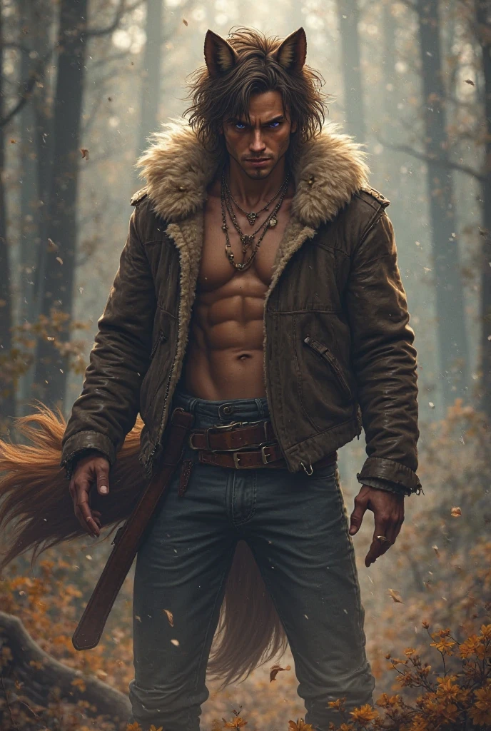 a 21yo guy with shoulder length brown hair and red eyes and tanned skin who only wears a brown overcover with tribal drawings and white fur on the edges shirtless with red tribal tattoos and wearing black leather pants with crocodile boots
