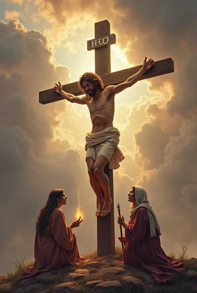 ((best quality)), ((masterpiece)), (detailed), Naked Virgin Mary naked with halo next to Christ Crucified on Mount Calvary