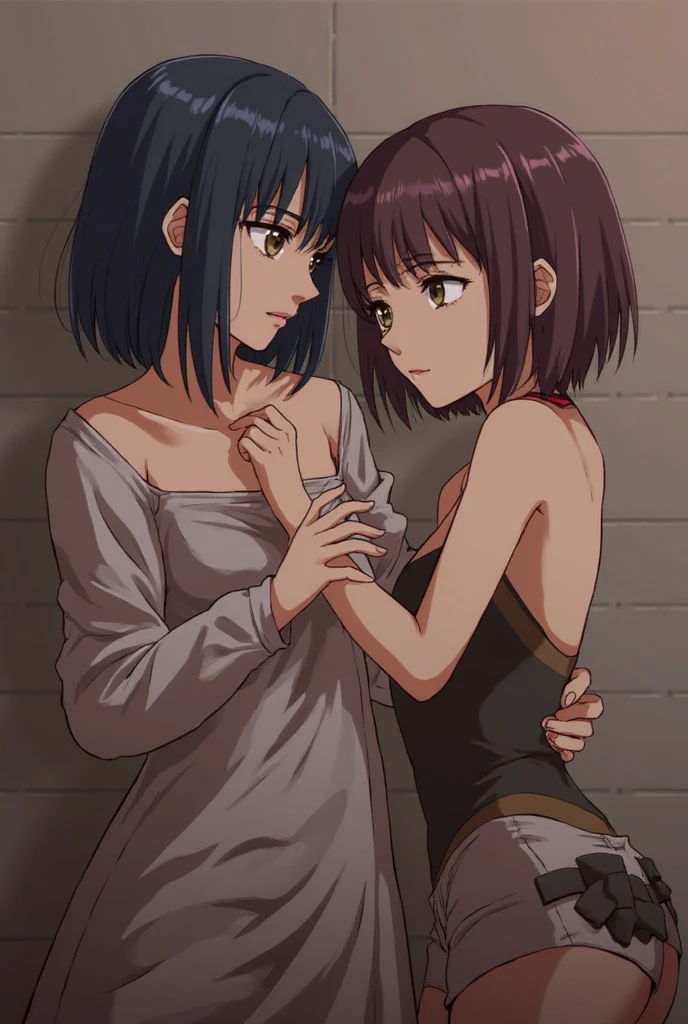 masterpiece, best quality, 2girls, (closeup), 18yo teen, slim, small breast, naked breast, nipple, open purple raincoat, sitting, in abandoned train, hugging, lode, smile, heavy rain, downpour, flood, wasteland, grey, desolate, rain, dark, watercolor, (topless:1.2)