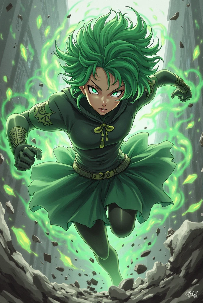 anime girl with green hair and black dress, an anime drawing by Shitao, pixiv, fantasy art, top rated on pixiv, at pixiv, tatsumaki from one punch man, beautiful anime girl,jack-O' challenge pose, bending over, seductive anime girl, the anime girl is crouching, tatsumaki
