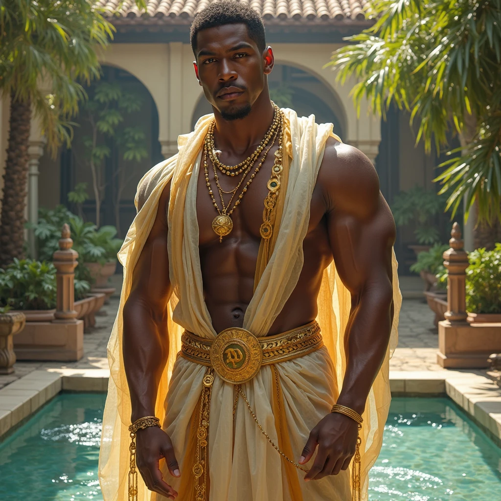 full body shot of a stunningly handsome middle age African men in soft light,,mister olympia anatomy,broad muscle legs,big delts,ripped,intricate, elegant, depth of field, zeiss lens, detailed, symmetrical, centered, fashion photoshoot, by annie leibovitz and steve mccurry, david lazar, jimmy nelsson, breathtaking, 8 k resolution, extremely detailed, beautiful, establishing shot, artistic, hyperrealistic, beautiful face, octane render, in ornate silver and gold lace cyberpunk