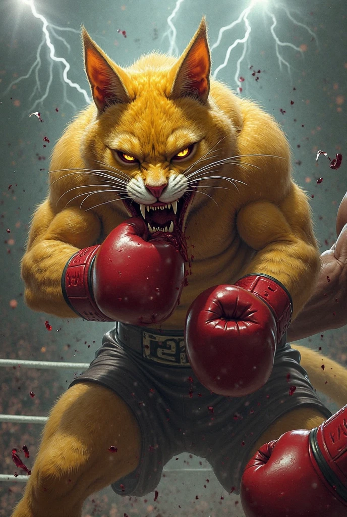 A muscular white cat with a bodybuilder's physique stands in a boxing ring, visibly battered and bruised. Its fur is matted with sweat, and it clutches its chest where its heart aches badly. The cat's expression is a mix of pain and exhaustion, with one eye swollen and its ears slightly drooping. The boxing ring is dimly lit, highlighting the intense struggle and the cat's determination despite the severe injury.
