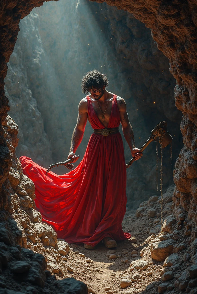 Ultra-high-definition, award-winning dark fantasy artwork featuring a surreal and eerie landscape in 4K resolution. The layout is vertical, with a central figure standing tall in the background, holding two intricately detailed swords. The figure has a skeletally accurate face and is draped in a meticulously textured, tattered, and flowing garment. The sky is a vivid, ominous red with a bright, glowing sun. The ground is cracked and barren, with a river of blood-red liquid flowing towards the foreground. In the foreground, there is a grotesque, anatomically correct, partially decomposed humanoid figure with exposed muscles and tendrils, lying on the ground, showcasing extraordinary texture and detail in its skin. The overall color palette is dominated by dark tones and shades of red, creating a haunting and unsettling atmosphere.