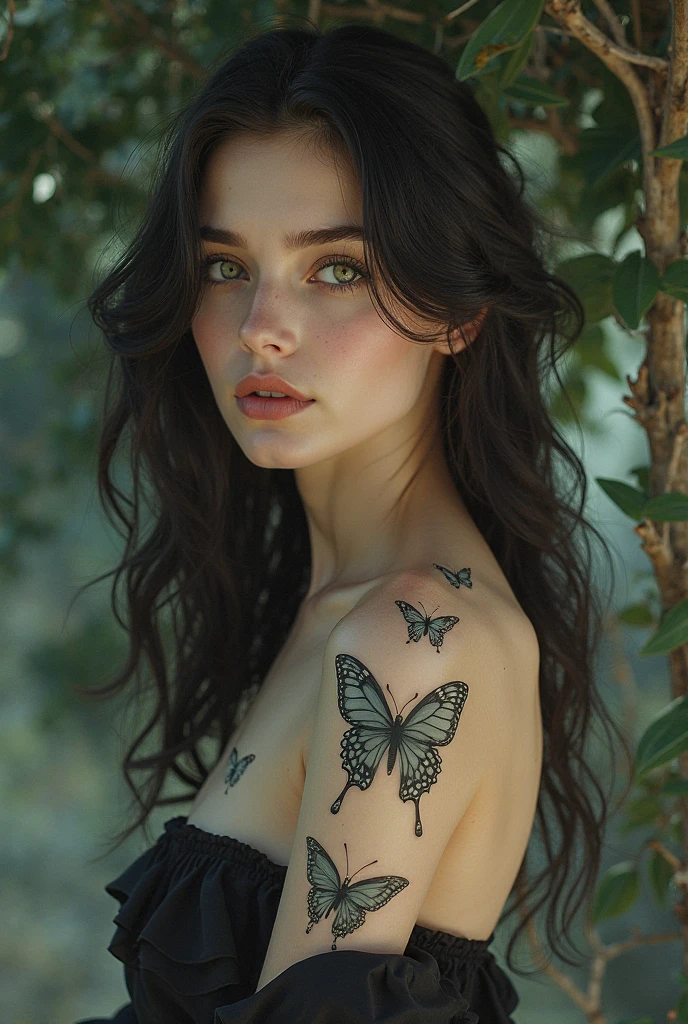 Russian white woman with straight black hair, green eyes, thin nose, with a butterfly tattoo on the right arm and a dragon tattoo on the left arm with large breasts and waist in hyper realistic underwear