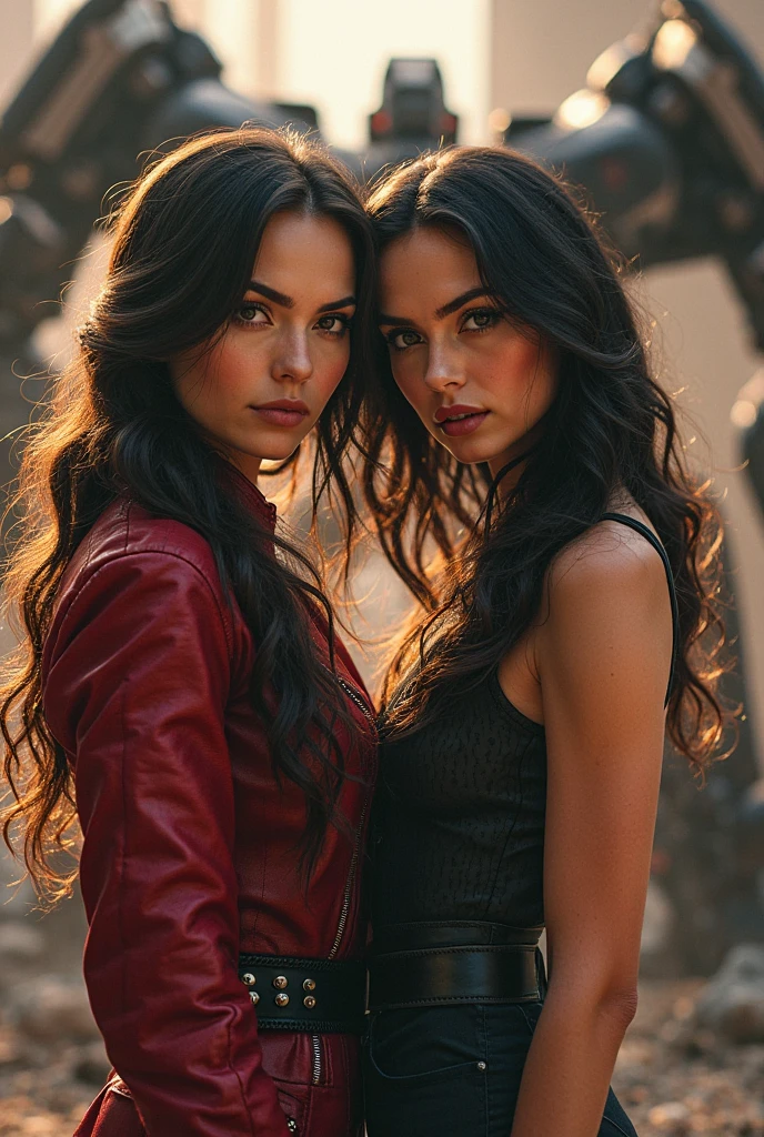 Best quality, masterpiece, Beautiful, 2 young latina women, looking straight at viewer, wearing simple open shirt, open black and red jacket on top, posing on grassfield, professionalism, teen age, detailed face, detailed body, symmetric face, big cute eyes, cute happy face, dynamic pose, deep cleavage, perfect anatomy, photorealistic, curvy body, braid hair, 8k, ultra realistic, widescreen desktop wallpaper, small farmhouse background, waterland, ambient occlusion