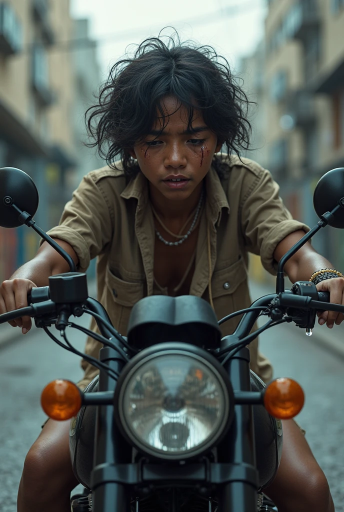 Very ugly old biwis motorcycle falling apart with a super skinny person driving with a bandage on his knee and a sad emo haircut