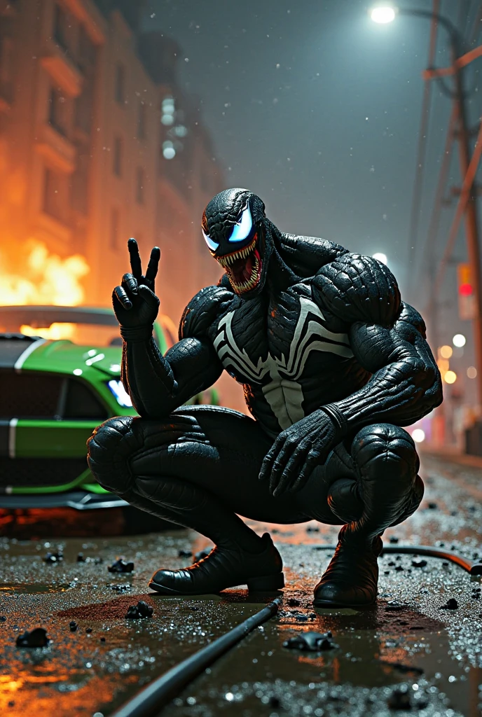 Cut to: Venom tearing the dumpster apart mid-air]
