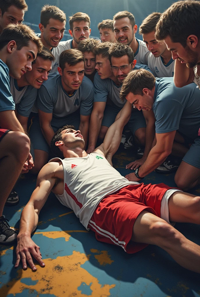 Shirtless attractive athletic 40 year old man lying on his back on ground wearing shorts exhausted after outdoor running race. Hands over head Sweaty. Medics next to him