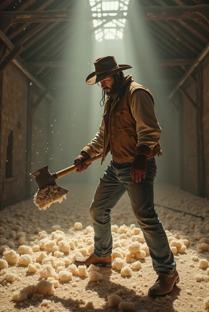 A man with bunny ears eats fickles from the floor, everything around is covered in feces and dirt