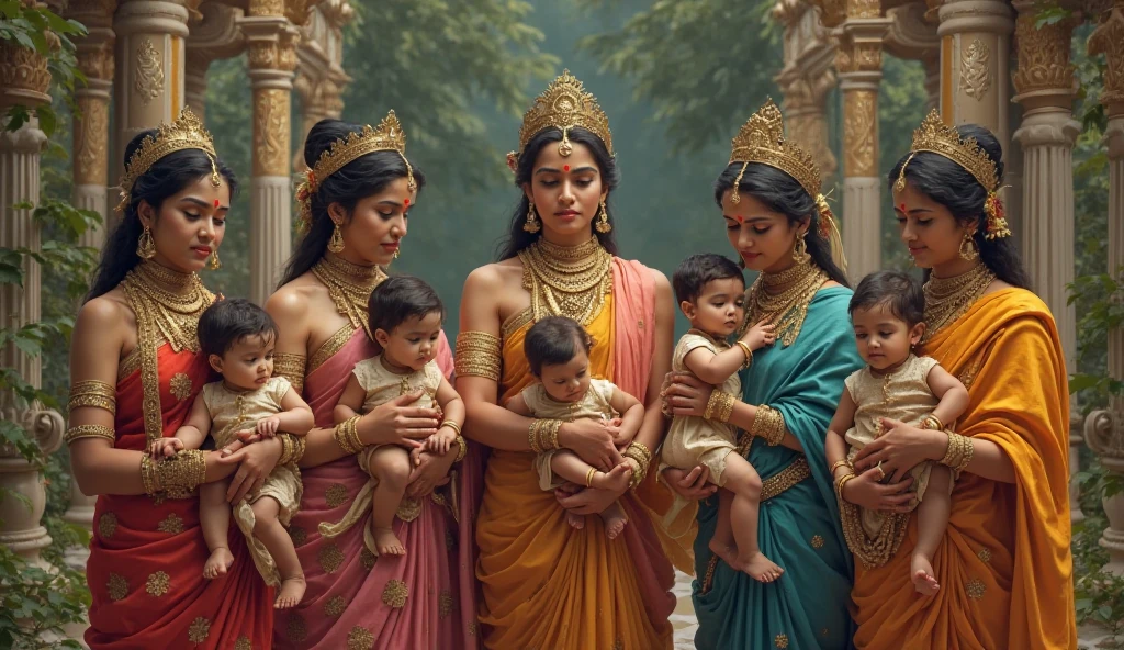 Fair skinned North Indian slave woman with fair skinned child, and dark skinned south indian slave woman with dark skinned child, gupta era, both are sitting beside a lake, hitting eachother while caring for eachothers  child in their lap, breastfeeding them