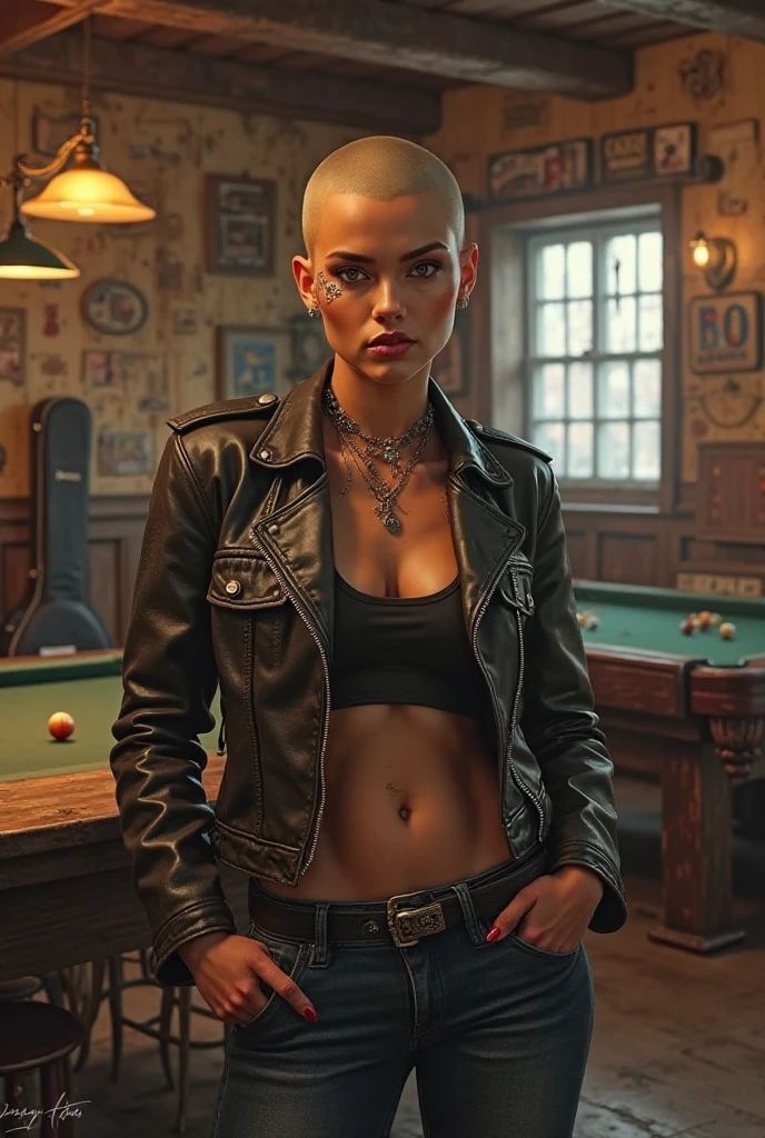 Photorealistic:1.2, rocker girl in a short plaid skirt and leather jacket buttoned up , portrait, highly Photorealistic photograph, full body shot, Electric guitar in hands in the form of a machine gun, sharp clothes, dark lipstick, spiky blond and partially shaved hair, Beautiful and perfect legs, confident expression, punk style ,spectacular pose, dynamic lighting, bright colors, ARI ALEXA 65, Lens 50mm