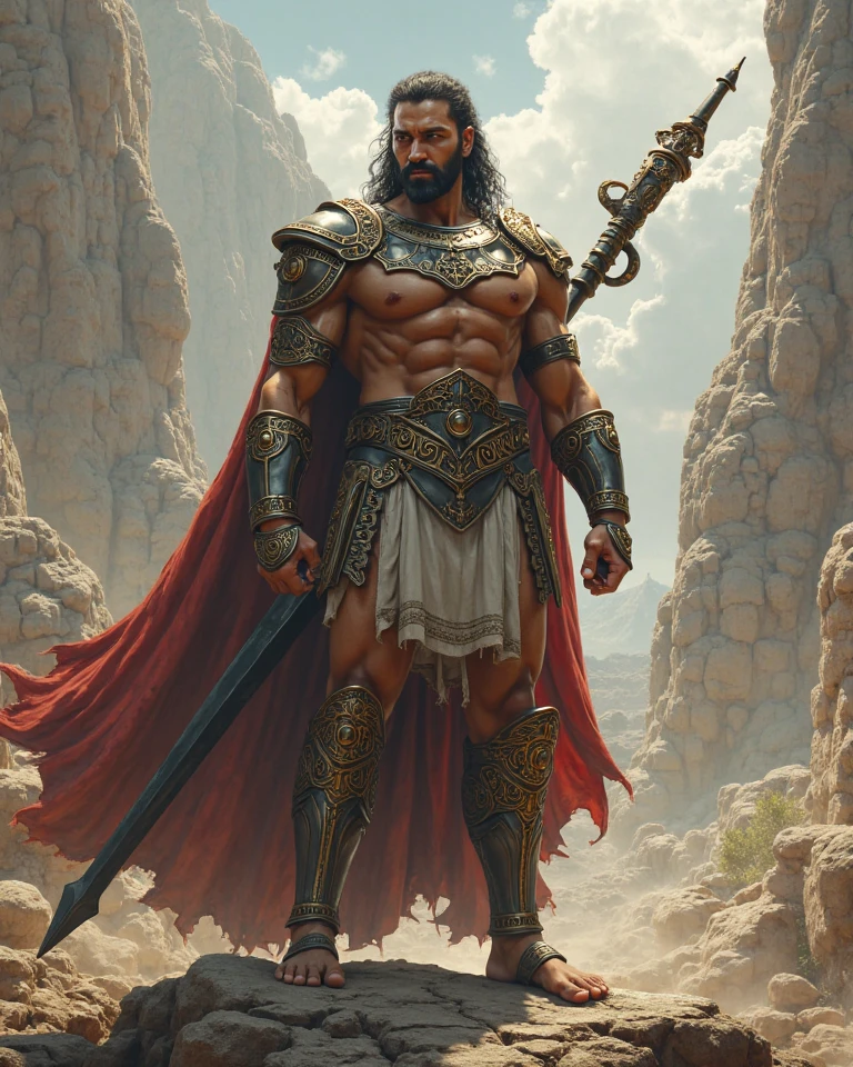A digital illustration of Jesus as an epic warrior, standing full tall, full body shot, lightning from his hands, fire, dirty face, Jewish face, wearing simple gold armor and red robes, red blood stain, red stains, red blood, glowing face, superhuman, exposed thigh, Strong, Muscular physique, riding a cloud,