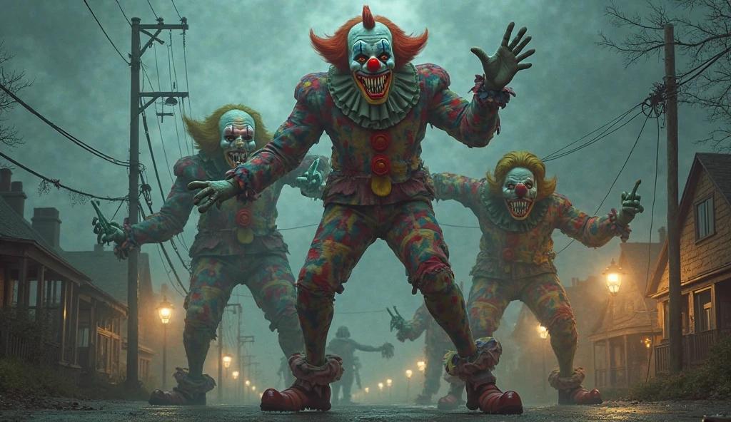 Three realistic, menacing killer clowns, each with distinct and lifelike features, are pointing diagonally to the right at a 60-degree angle upwards. The first clown has a white, smooth mask with glowing yellow, pupil-less eyes, and a stitched red mouth. He is dressed in a black and red clown suit with geometric gray symbols and a tall top hat. His bald head is covered in intricate black tattoos. The second clown has a green, skeletal face with an unnaturally wide mouth full of jagged, realistic teeth painted into a twisted smile. He wears a tattered, dirty tuxedo with short sleeves, revealing scarred, realistic human arms. His long, greasy black hair falls messily over his shoulders. The third clown has a sad, white-painted face with exaggeratedly large blue-lined eyes and an unnaturally long, thin nose. He is dressed in a bright yellow jumpsuit with blue fringes and large red pom-poms on the shoulders. His white, wavy hair is tied into two messy buns. All three clowns are highly realistic, with human-like textures and details, showing lifelike expressions as they point upwards, ensuring no resemblance to 'It' clowns."
This prompt emphasizes realistic human features and textures while retaining the unique characteristics of each clown, pointing at the specified angle