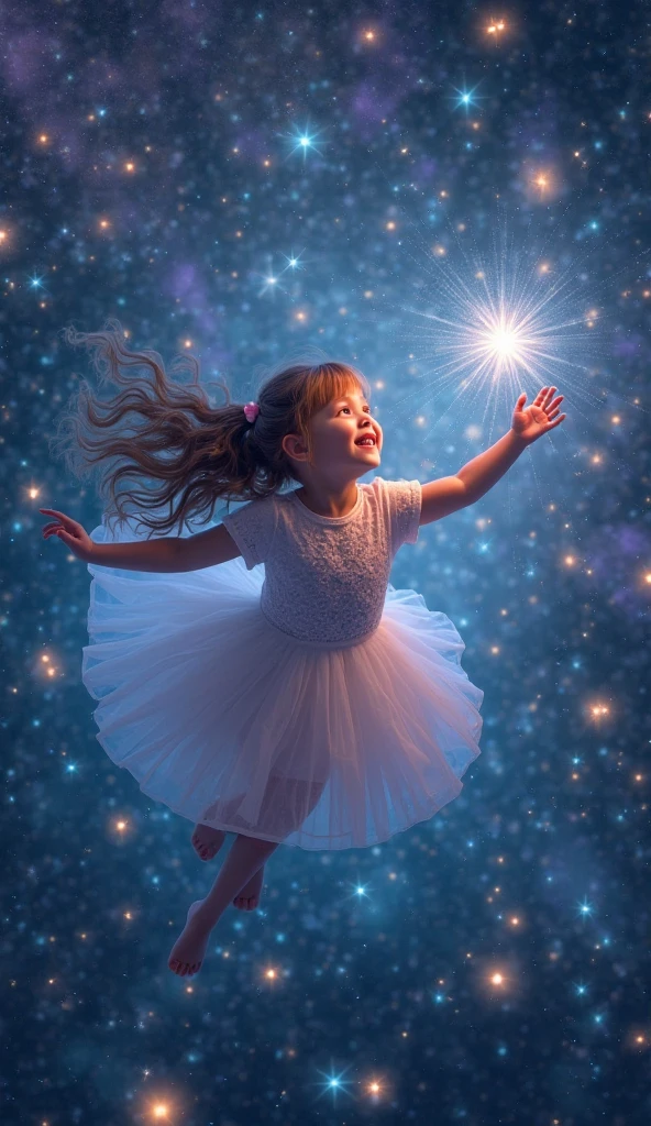Star Sorceress photo realistic image of Star Sorceress, guardians of the night sky. This is a 5 year old girl with dark hair, intertwined with twinkling stars, dressed in a dress, like a dark starry sky. In her hands is a magic wand, emitting light rays. Small glowing stars hover around her, and the background is endless space with bright galaxies and shining nebulae, magic, Mysterious light