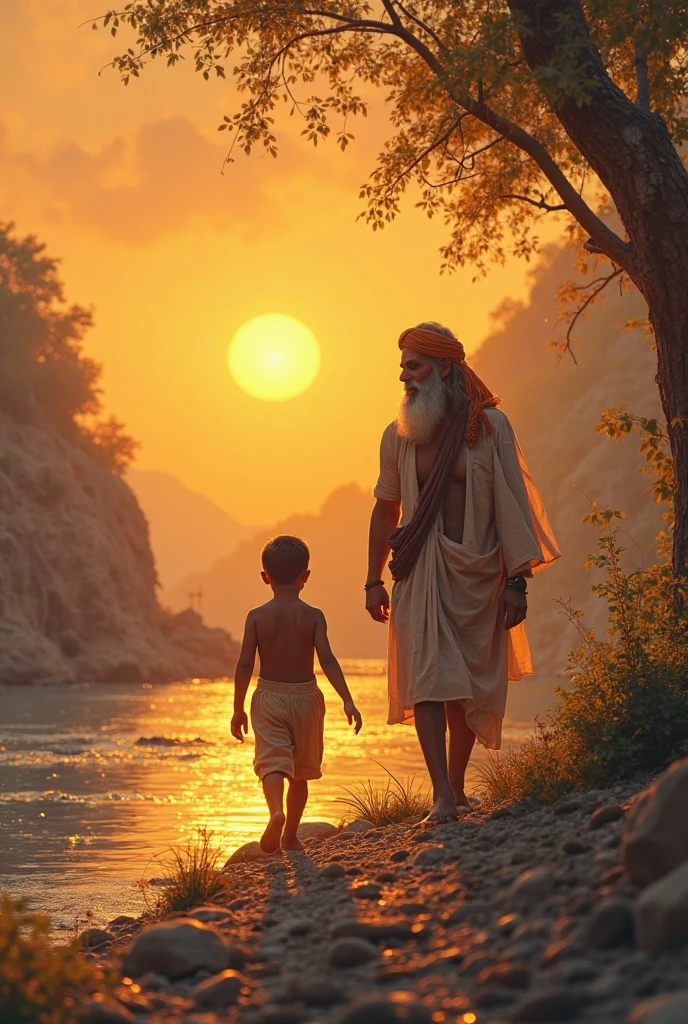 The image depicts a man in a traditional Indian outfit, standing in a body of water and holding a basket with two children in it.