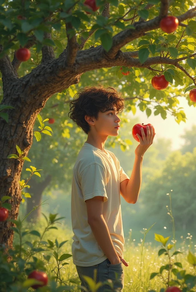 A teenage boy looking at an apple tree