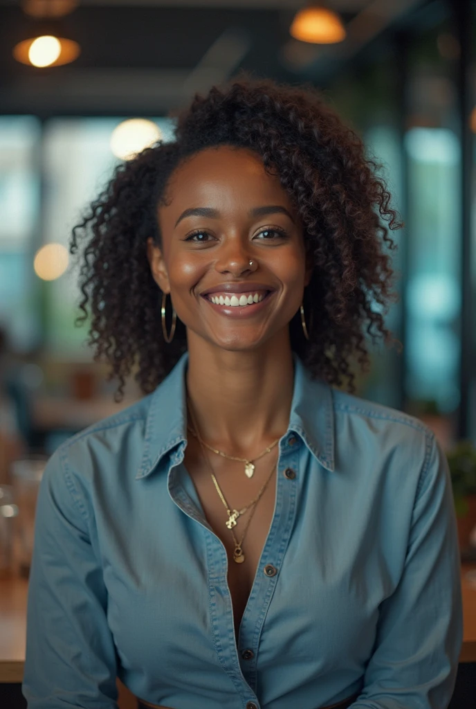 (masterpiece, best quality), (((dark skin))), curly hair, barista, realistic, light smile, par necklace,