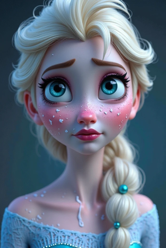 prendre la moitié des vêtements,(seins clairs:1.2), Elsa,chubby face,made up,Facial detail,rougir,purple eyeshadow, rose sur les cheveux,Haut du corps, background, regardant d'a quote,half-through shirt, peignoir, anniversaire cum,cum on face,facial