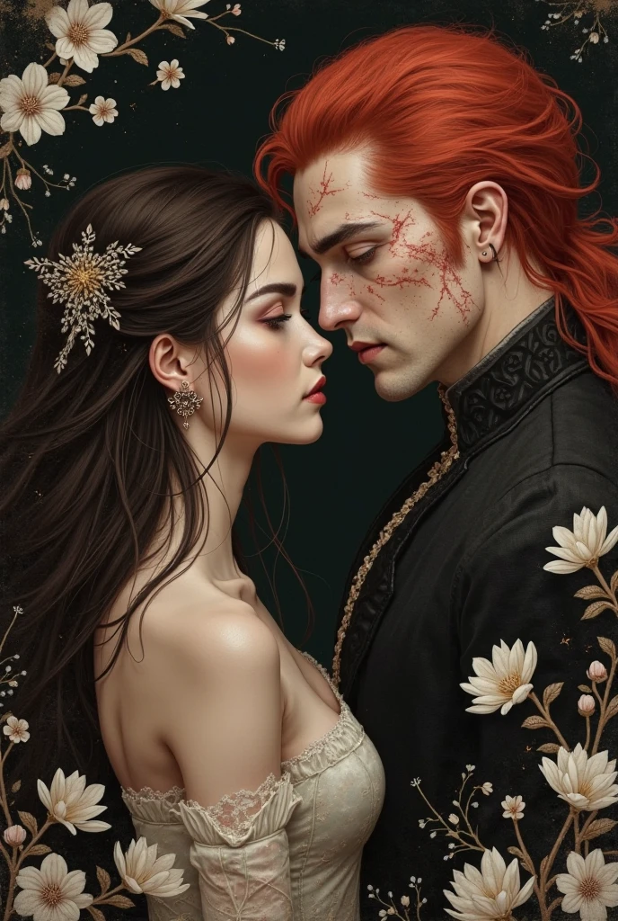 A mesmerizing and fantastical portrait of a couple: a stunning woman with waterfall, fiery red locks, and ruby red eyes, wearing a majestic black doublet adorned with intricate, scarlet embroidery, and a majestic man with long raven-black hair that falls like a dark waterfall, and piercing black eyes that seem to pierce the soul, resplendent in an imperial doublet with gold accents, walking together through the great, ornate palace gates, his wounded arms and back eerily illuminated by the soft light, flickering torches above, as torrential rain falls around them, casting a gloomy, mystical atmosphere, with crimson tones, gold, and midnight blue, evoking a sense of mystery, cinematic mystery, In the midst of darkness, humida, and the mystical atmosphere of the ominous night