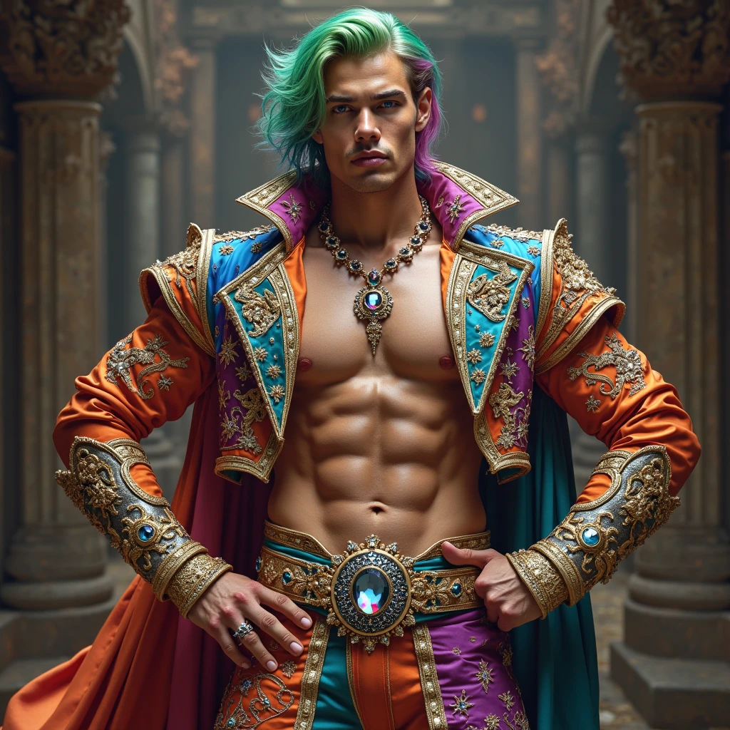 (masterpiece,high resolution,best quality,ultra detailed),
One young man, muscular, big pecs, focus on pecs, blue hair, red eyes, cowboy shot,+beautiful intricate clothes with elaborate decoration