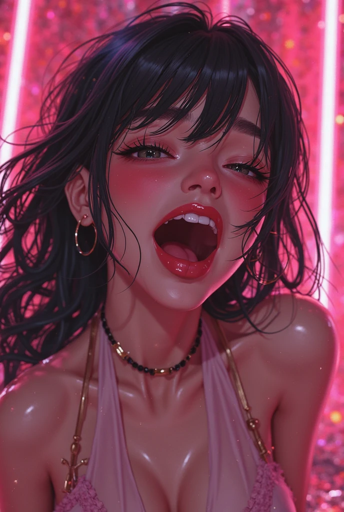 hyperrealistic,1woman,pov,face focus,mature and seductive woman,kneeling,at nightclub,blowjob,black hair,bangs up hair,Mature Woman,eyelash,Looking up,eyelash,wavy tied up hair,mole,sleeveless sweater,cumshot,open mouth,cum in mouth,suffering,brown eyes,trembling