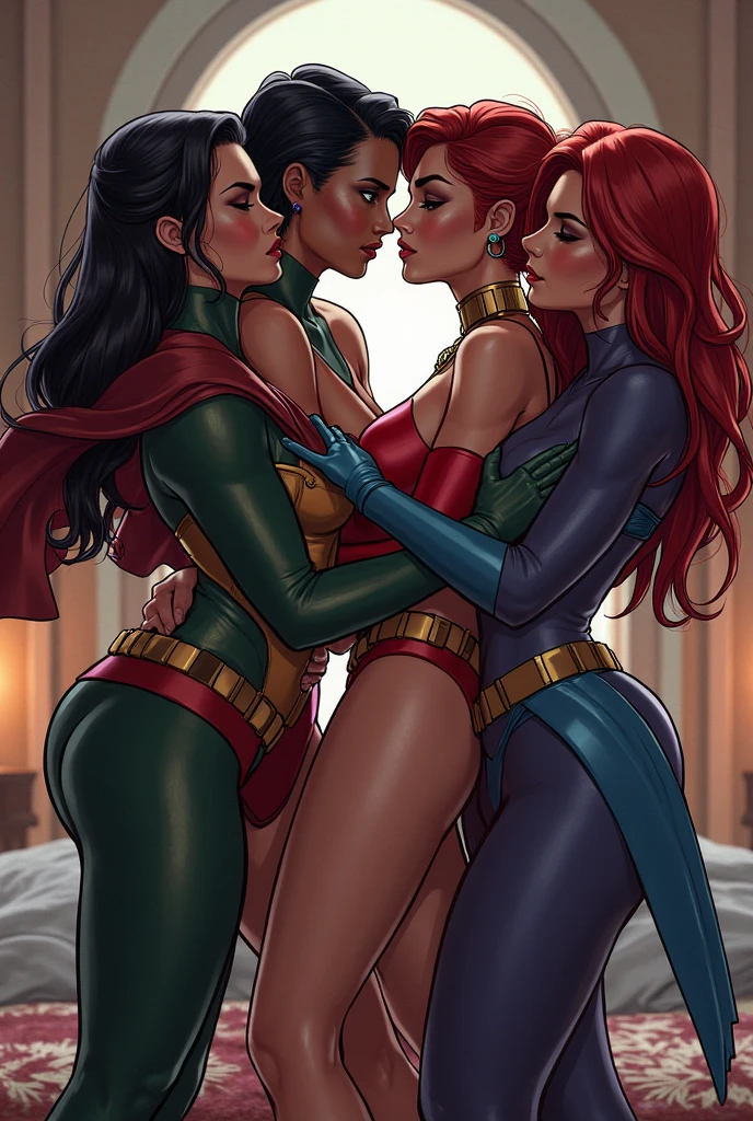 ((Full body photo, standing, feet on the ground)) score_9, score_8_up, score_7_up, score_6_up, 3girls, she-ra (blond hair, gladiator sandals type boots, voluminous hair, blue lingerie, navel:1.1) and woman marvel (gladiator-type boots, voluminous hair, black hair, tiara, bracelets, green lingerie, navel: 1.3), catwoman (gladiator-style boots, white hair, voluminous hair, green lingerie, navel:1.3), elegant hotel suite, lovers, in love, lying on a large, luxurious bed, kissing, groping, (cinematic lighting:1.2),, (sunset:1.2).