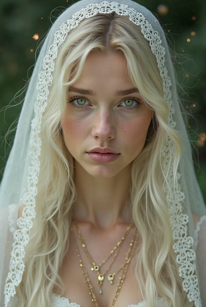 Natural blonde hair, Distinctive green eyes,, slender and graceful,,,,,,,,,,,,,, Beautiful, Candlelight in medieval atmosphere, Ultra Sharp Focus, realistic shot, quaternary color wedding lace lingerie, Exotic,Close-up of a beautiful bride wearing lace lingerie,Guvitz,Head flower,Head dress,blush(silk lace lingerie:1.2),,,Necklace,Earring,bouquet,(Lace gloves:1.2),(Bridal Veil:1.2),(Short transparent veil:1.2),((No bra, , , Naked, completely , , (Show ), (Beautiful ), (Half-open legs), Full body, Sitting, Bedroom))