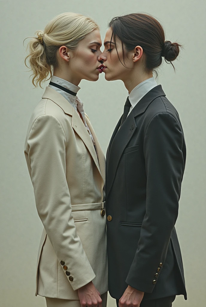 two women in black and white are kissing each other, lesbian kiss, lesbian embrace, portrait of two girls kissing, two beautiful women in love, lesbian, kissing each other, kissing together, lesbians, kissing together cutely, portrait of women embracing, woman holding another woman, lesbian art, kissing, couple kissing, jovana rikalo, one blonde and one brunette