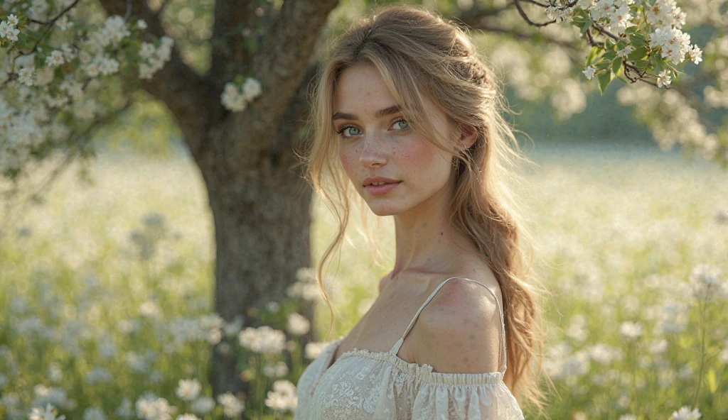 detailed beautiful girl, 1girl, girl with long flowing blonde hair, beautiful blue eyes, delicate facial features, soft smile, wearing a white country-style sundress, in a field of wildflowers, sunlight streaming through, natural lighting, vibrant colors, serene countryside landscape, rolling green hills, blue sky with fluffy white clouds, birds flying in the distance, (best quality,4k,8k,highres,masterpiece:1.2),ultra-detailed,(realistic,photorealistic,photo-realistic:1.37),highly detailed facial features,extremely detailed skin texture,dynamic composition,intricate details,natural environment,dramatic lighting,vivid colors,pastoral,soft focus,depth of field,cinematic,ethereal atmosphere