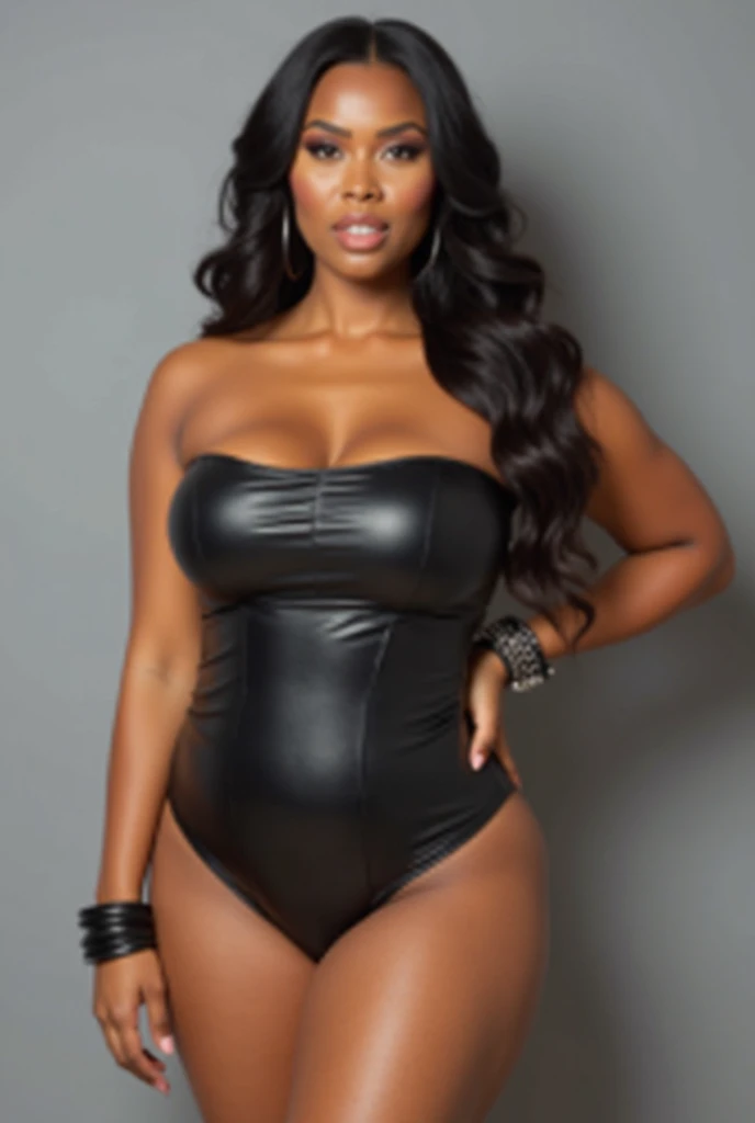 Sexy black woman athletic body big breasts hair with braids naked jacket long boots