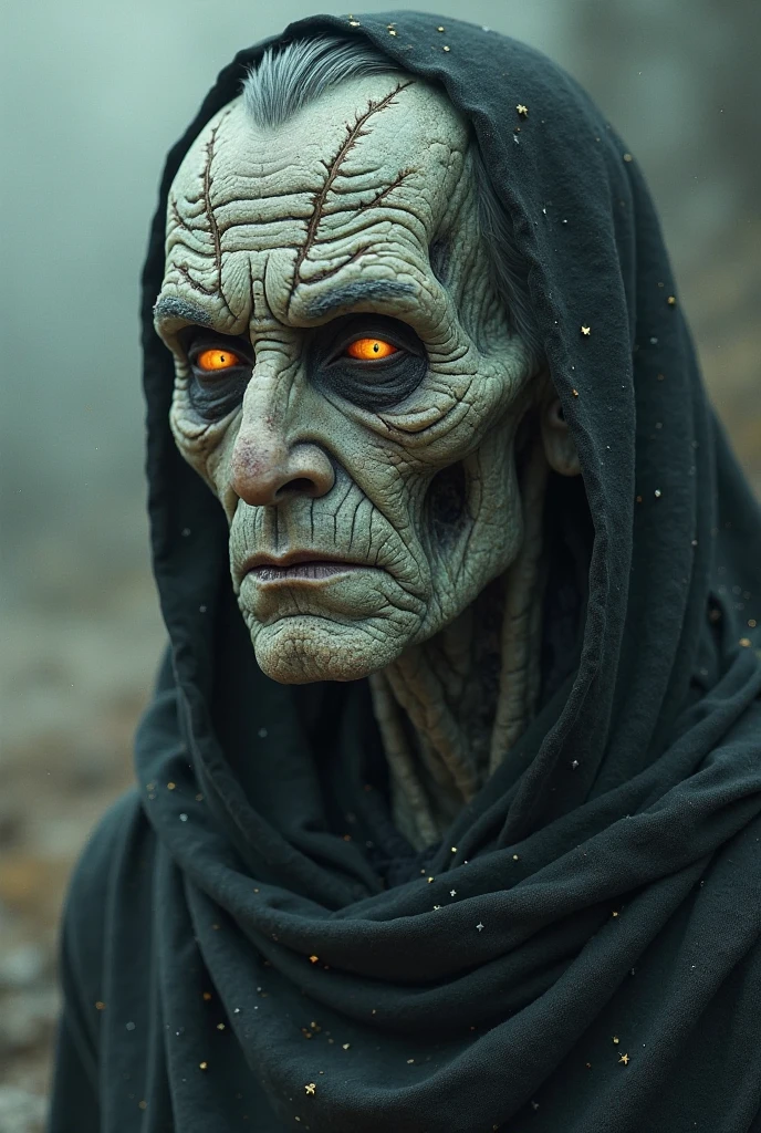 a wrinkled, ugly, necrotic green alien woman witch, detailed face, detailed eyes, detailed wrinkles, detailed texture, detailed skin, 1 woman, horror, dark fantasy, dark atmosphere, lighting