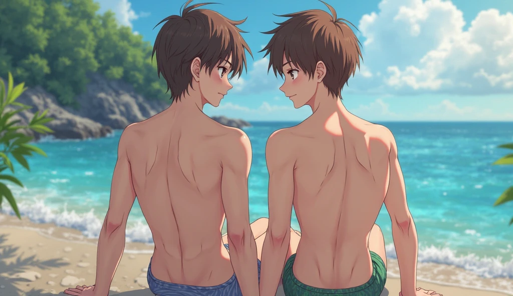 Two handsome men、、Japanese、Mash Hair、Completely naked、Full nudity、erection、Crowded beach、Back view、Butt Exposed、Attention