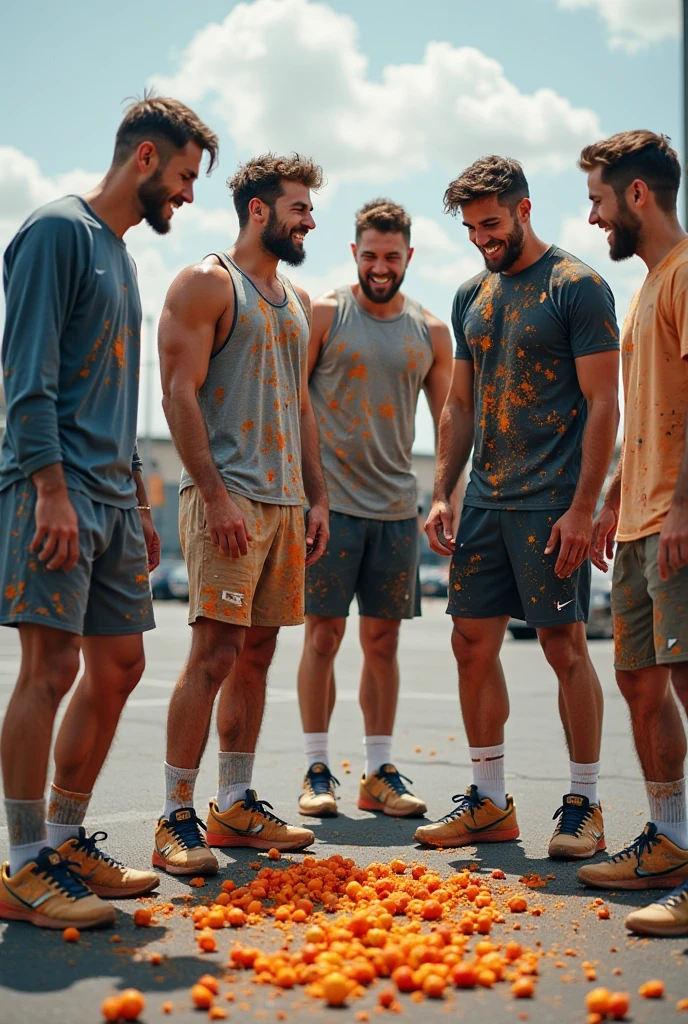 creates three young men, one of them muscular and with long curly hair, another young man with a big nose and tall, and a skinny young man with crutches.