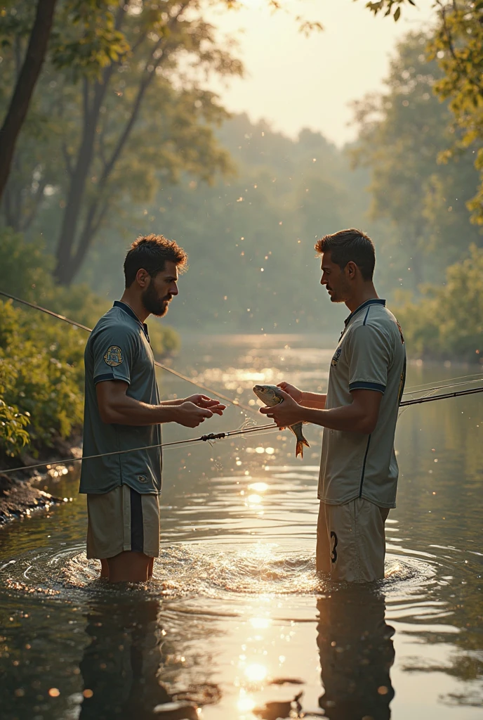 Two handsome young men, with beautiful features, white skin, and soft skin, are skinny and have short black hair. They are shirtless in a fishing swamp, with one showing his friend how to fish. 