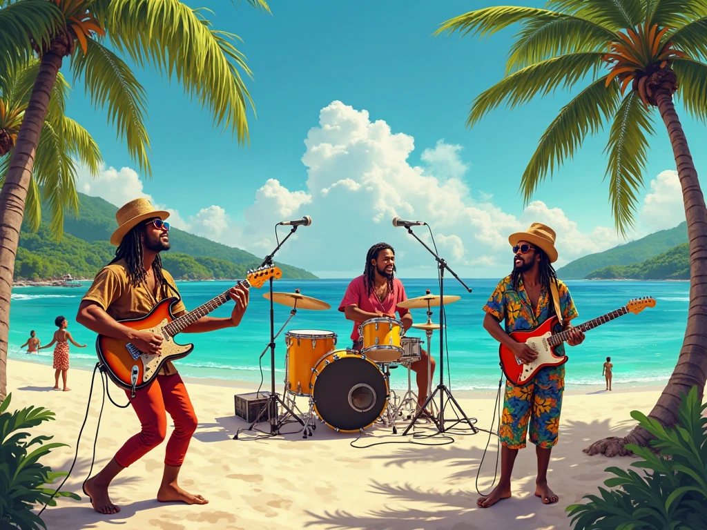 Vector art, Lots of Jamaican Reggae, Authentic Jamaican reggae music atmosphere,Color illustrations, in the center, Vibrant colors, Paint splatters and stains, High detail, Palm tree,Dancing,Man playing guitar in the distance,beach