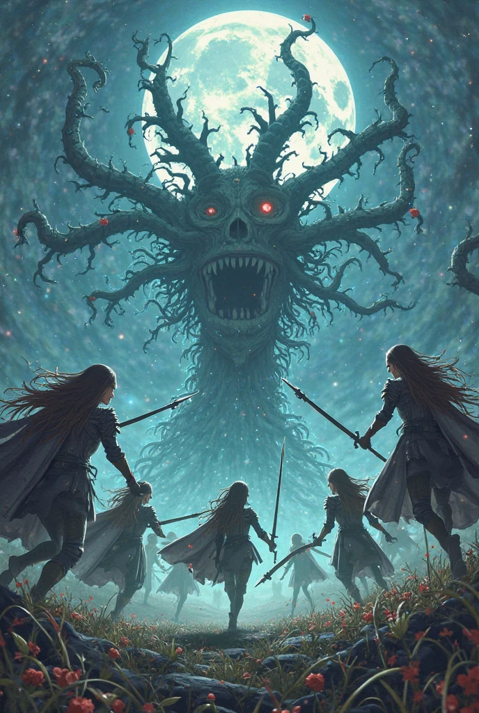 Fine matte painting, dark angel big wings haunted castle on drawing table full of knives, horror, eerie, scary, secret horror, tentacles, vines, eyes, unthinkable valley effect teeth, limbs, animals, blood moon