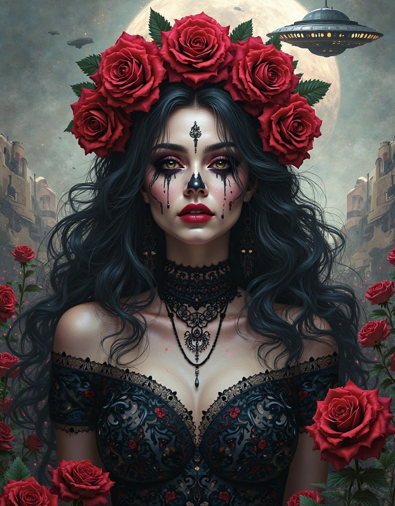 A woman with half skull and half woman face, with beautiful black hair wearing a beautiful black dress full of red roses.