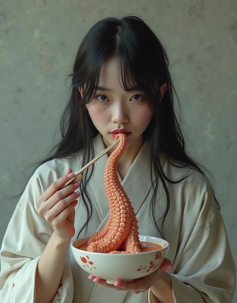 (Extreme complexity, multiple subjects)A giant octopus (panic ked, many tentacles, struggling) is on a sushi table. Its many tentacle are being restrained by many naked Japanese women (petite, assorted small breast sizes, varied height, varied weight, varied face face). the women are restraining the tentacles and using them for sex or caressing's their breasts with them. Very near the octopus's head a naked woman sushi chef is sharpening her blades and preparing vegetables.
