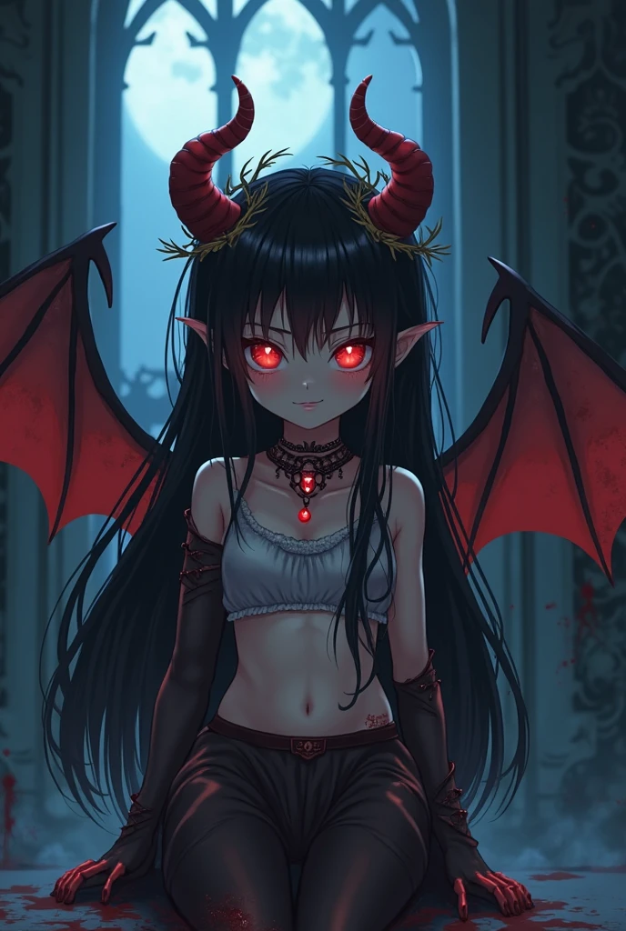 (Ashenhard style:1.4), tmasterpiece, top-quality, high high quality,(Has a dark red glow and red eyes、Dark shapeless creatures surrounded by darkness:1.2), (In profile), (Dark:1.2), abstraction, abyssal, an award winning photograph, depth of fields, NFFSW, The is very detailed, trending on artstationh, Trending in CGSighbour, twists, high detal,(tmasterpiece:1.2、top-quality)、(The best lighting、Extremely Delicately Beautiful)、(The best lighting、Extremely Delicately Beautiful)、(beautifull detailed face)、(Detailed eyes and detailed face:1.2)、Dark fantasy, (Young girls, small beast, 1girl in, 独奏, Crazy smile, Pale skin,19 piercings,((Tattoos all over the body,Tribal tattoos all over the legs)) whaite hair, Eyes glowing red, Dynamic Angle, Vampires), ((Chain in the background,Magic Circles,graffiti on wall,Get)),Summon demons), (Demons from the magic circle)Magic Thunder, Pointy ears, Detailed fangs,detailed tooth,Devil's wings on the back,devil horns,Blood on the face,Blood rain,Blood fog,(depth of fields),hight contrast,（blood splattere：1.4),cow boy shot,full body Esbian, Black lace-up thigh boots,shout,Gorgeous stage，Leaking out under the skirt（with no underpants，trouser，an female genital organs）