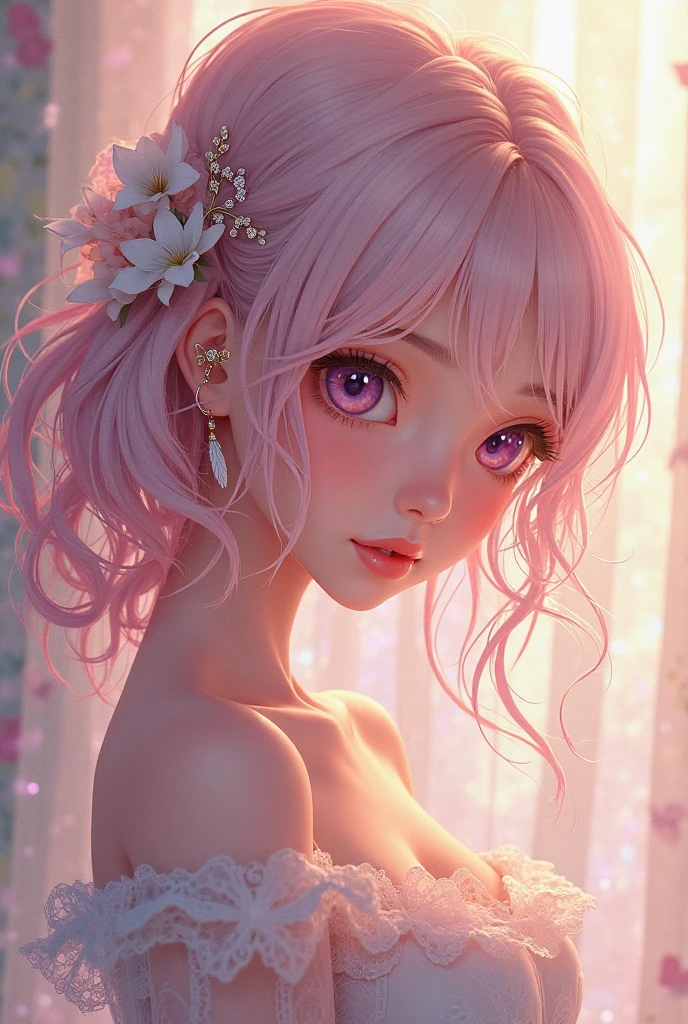 undefined masterpiece, 16k, hd, 8k, hdr, (cinematic lighting, backlit), young Japanese e-girl, ((downshirt, cleavage, hentai)), eye contact, sweet smile, beautiful, realistic garden, (large light_pink eyes):1.2, looking up at camera, POV shot, (((perfect medium breasts))), (brown and pastel_pink lingerie), medium angle, symmetrical eyes, ((Long wavy multicolor_hair(brown_hair, white_hair, pastel_pink_hair)):1.8