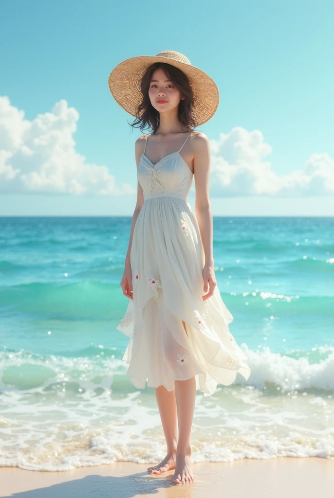 On the tranquil shores of a sun-kissed beach, Lilly stands poised in her resplendent beauty, a vintage red-striped straw sunhat cradled in one hand and her cascading chestnut-brown curls billowing around her delicate features, as she gazes out upon the horizon wearing a simple yet elegant white linen dress that dances gently in the soft evening breeze. The scent of jasmine and saltwater fills the air, creating an atmosphere of peaceful contentment as Lilly's flawless complexion glows with the golden radiance of the setting sun, her deep emerald eyes shimmering like precious jewels against the backdrop of the breathtaking twilight sky. <lora:ntmhwy18fdbd28479tff:1>