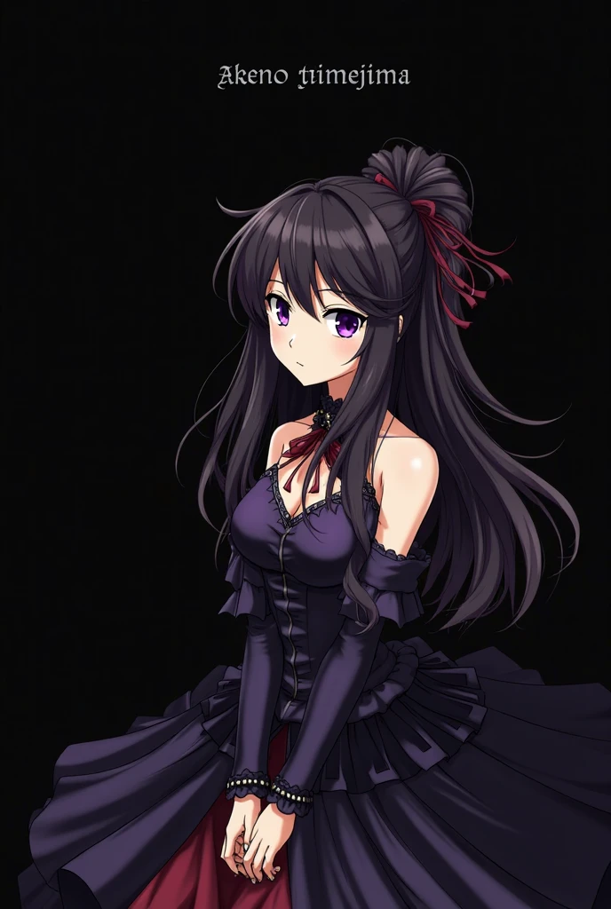 An anime girl who looks with cat ears, very long, straight black hair with bangs similar to Inuyasha's, and golden eyes., with black and purple sleeveless lace gothic dress, with high black boots, and purple gloves, stop with a random black and red background