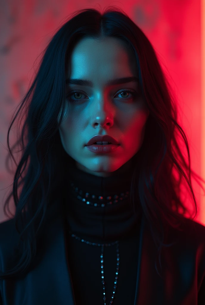 Fashionable of androgynous alien looking witch wearing veil, glowing eyes, beautiful evil slavic muscular woman, pale skin, long hair, futuristic design, minimal details, givenchy, photoreal, 200mm, hd, f/ 2.0, highly detailed, surreal , drop dead, in the style of red and blue, (intricate details, hyperdetailed:1.15) (skin texture:1.2), cinematic, professional, 4k, (((dynamic model pose))), sitting, full body