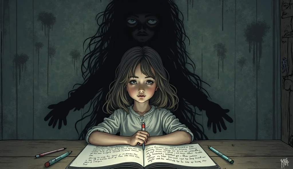 ((High definition, Masterpiece, 8k, Digital Photography, Digital Art)), ((Dark illumination)), contrast, white illumination, A pretty age school girl, young face, pale skin, serious, ((Reading and old book)), in an old house, ((Dark tentacles coming out from the walls))