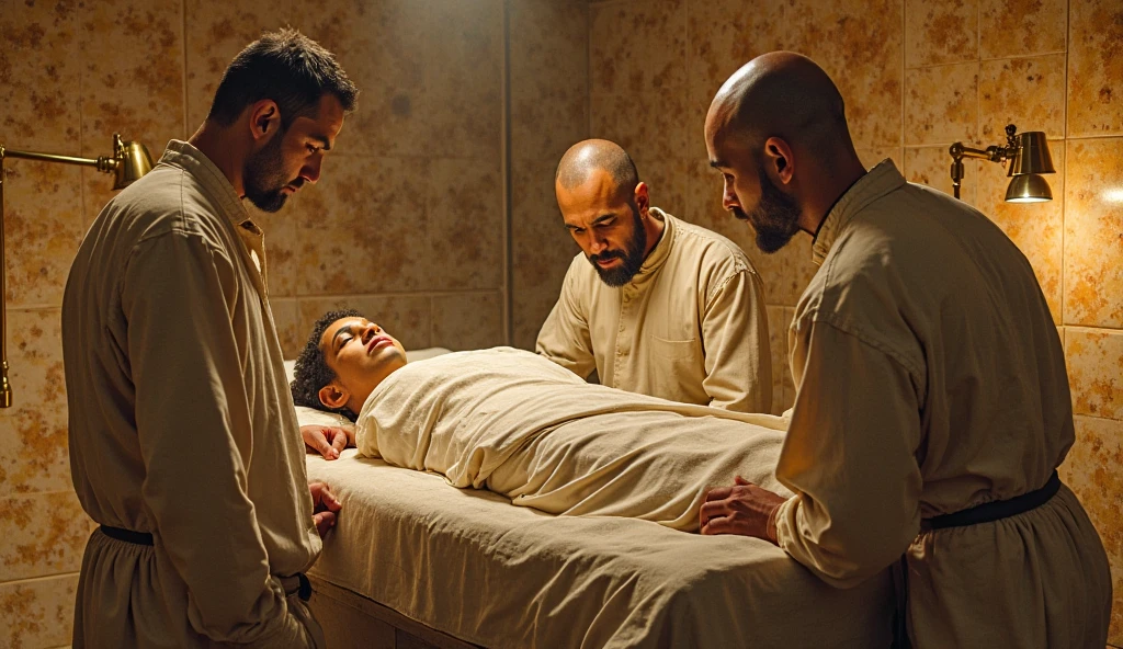 In an anatomy classroom, an Arab man, muscular and toned, bearded man full beard and hairy body, is lying on an examination table completely, wearing only white underwear. Bed bath. He is all washed, soaped and lathered from head to toe with water, soap and sponges, touched and examined closely by a group of curious casually dressed students around, all focused on learning about the human body. The school classroom is bright.