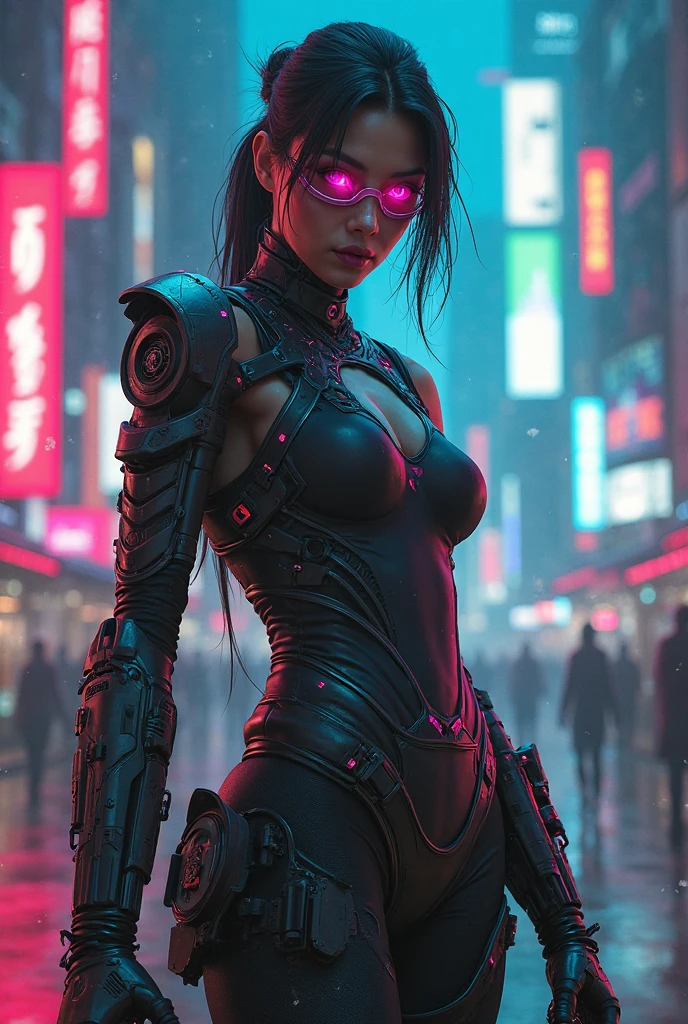 ((una hermosa chica cyberpunk viste un disfraz de Harajuku Tech), (lentes ciberneticos de tinta rosa), con pecas, lengua traviesa de fuera, aretes de neon, pelo azul despeinado, tatuajes yakuza, autodisparo, raytraced, viento, paisaje de la ciudad ciberpunk, (aesthetics and atmosphere:1.2),sonriente, Laugh，plano amplio, cuerpo completo, extremidades cyberneticas. (foto cruda, mejor calidad), (realista, photo-realista:1.3), Obra maestra, un extremadamente delicado y hermoso cuerpo, extremidades ciberneticas extremadamente detalladas, Best quality score, ultra dynamic punk pose, middle body, close up, high view, neon lights atmosphere, angulo picado, colores neon: rosa, verde, morado y azul