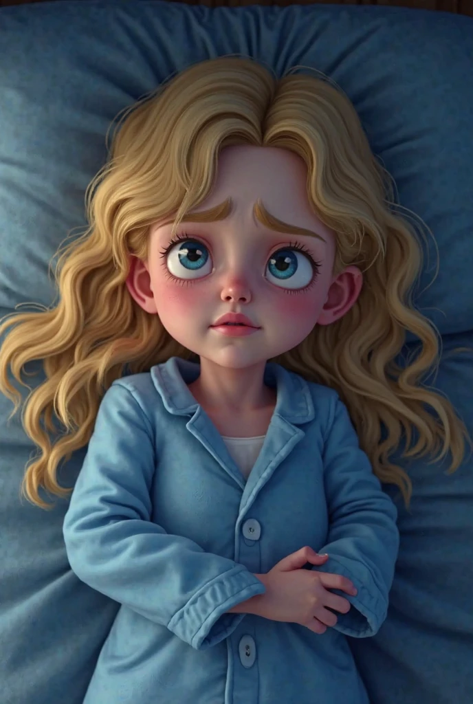 Imagine um suave, comforting illustration of a cute girl was sleeping in a comfortable bed, Olhos fechados, camiseta azul. long flowing hair. Quarto escuro, except for the soft light emanating from a bedside lamp near the bed, That casts a warm glow on your peaceful face. Pela janela entreaberta, A noite estrelada se estende, lua cheia, creating a magical contrast between the peaceful interior and the mysterious outside world. As cortinas de luz movem-se ligeiramente com a brisa noturna, adicionando um toque de movimento a esta cena tranquila.